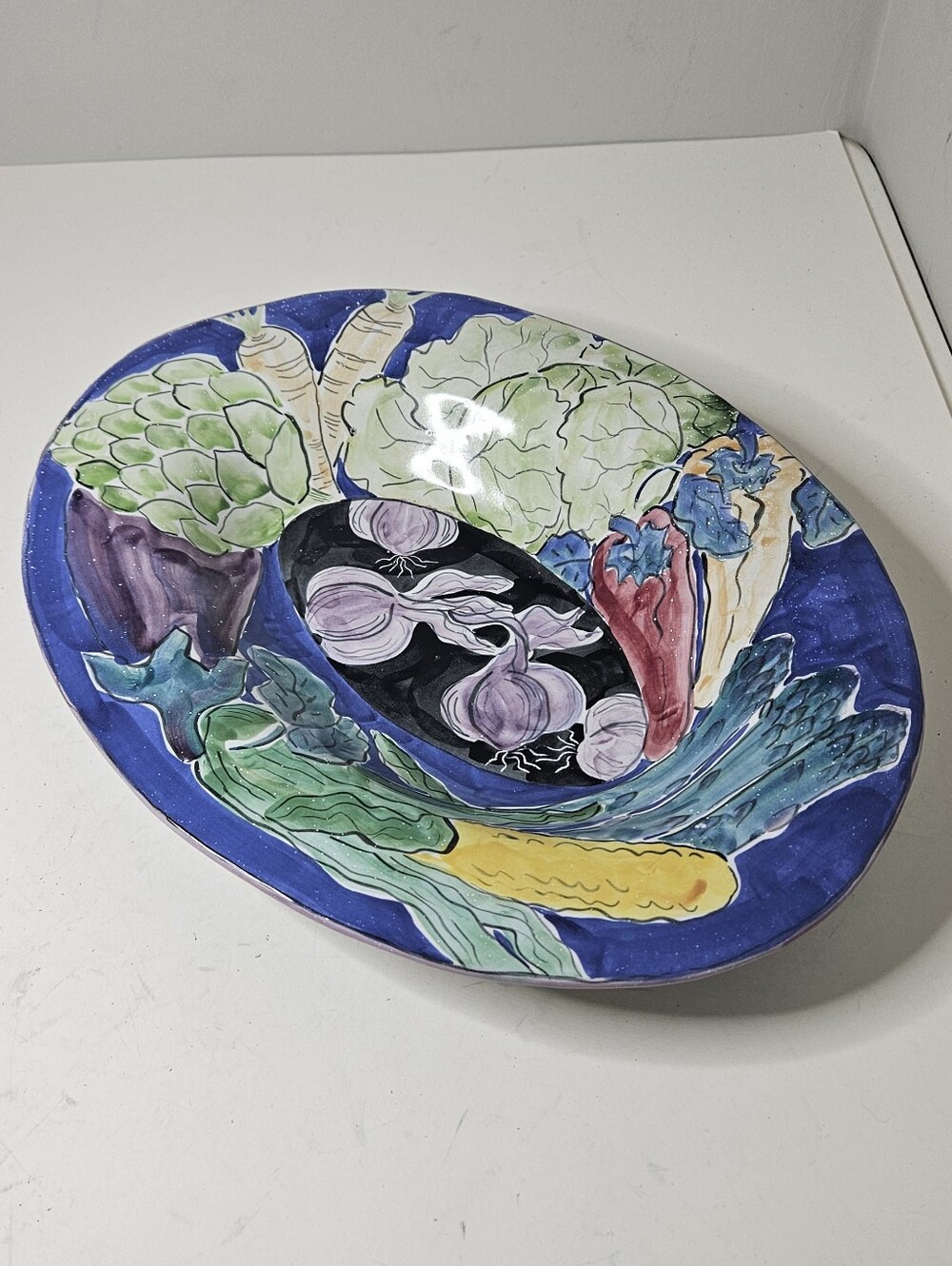 Hand-painted Large Ceramic Serving Platter Bowl Multicolor Veggies 18.5" X 14"